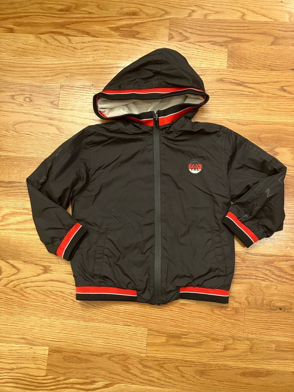 Mayoral Black Hooded Jacket with Red Trim